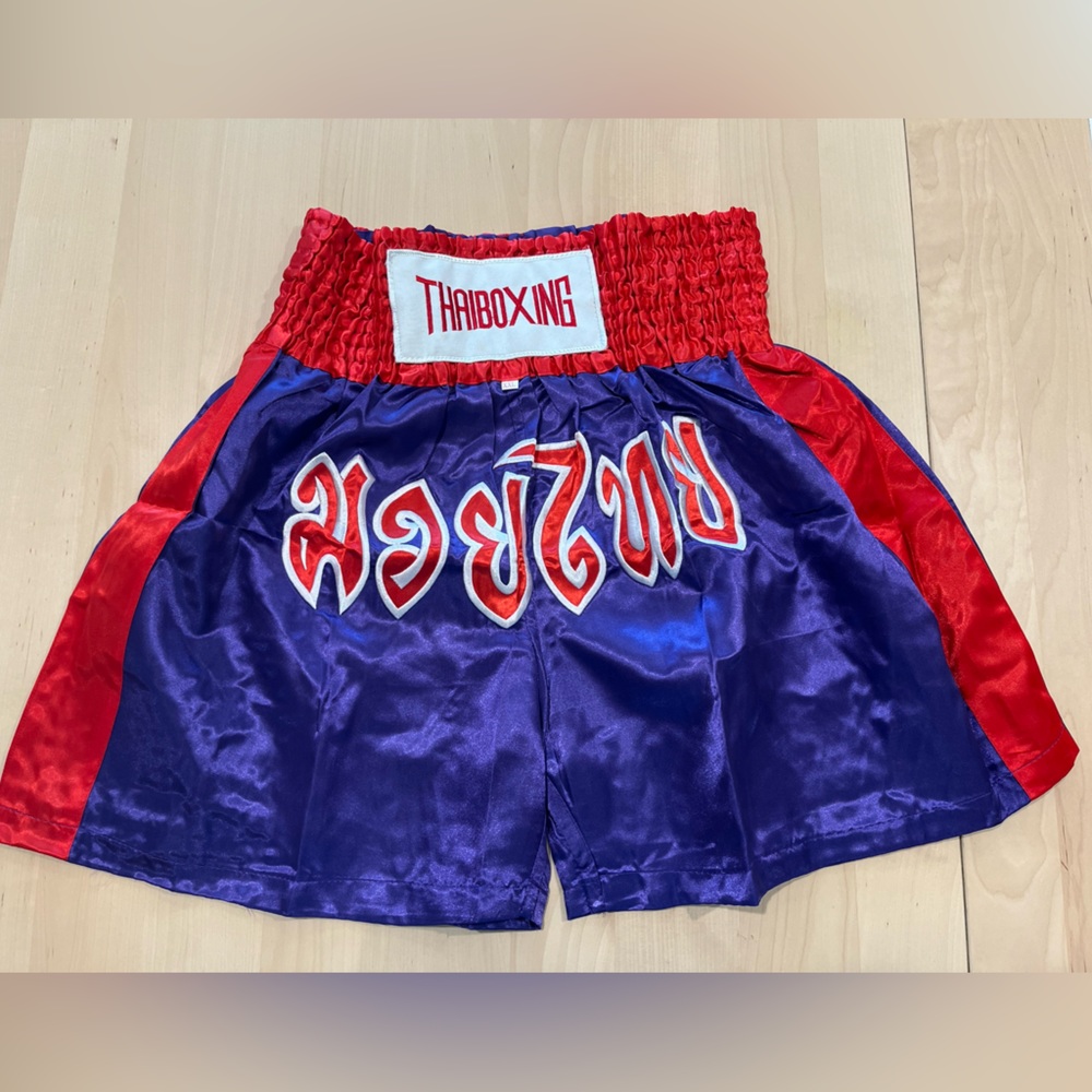 Boxing Short Muay Thai Men Women 2XL Purple Embroidery MMA Sports Elastic Fonts